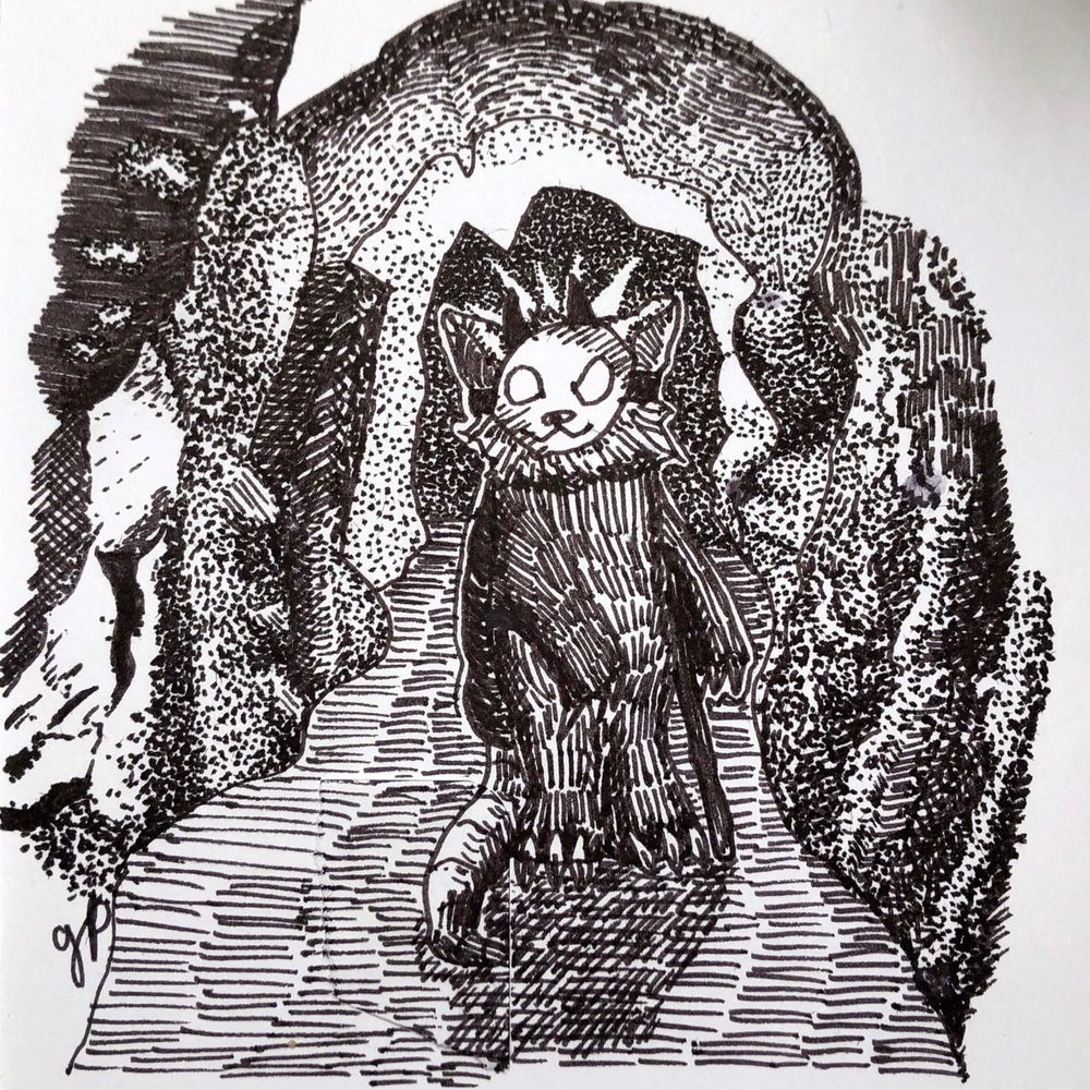 A drawing of an armadillo creature wearing a ski-like mask while standing in a cave tunnel. The drawing is in crosshatching ink. 