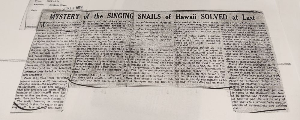 Newspaper cutting that reads 'Mystery of the Singing Snails of Hawaii solved at last' 