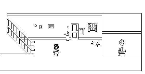 Environment art of a house foyer with a lone character standing at the foot of the staircase. The style is minimalist pixel art, the entire image is in black and white, sans gradients.
