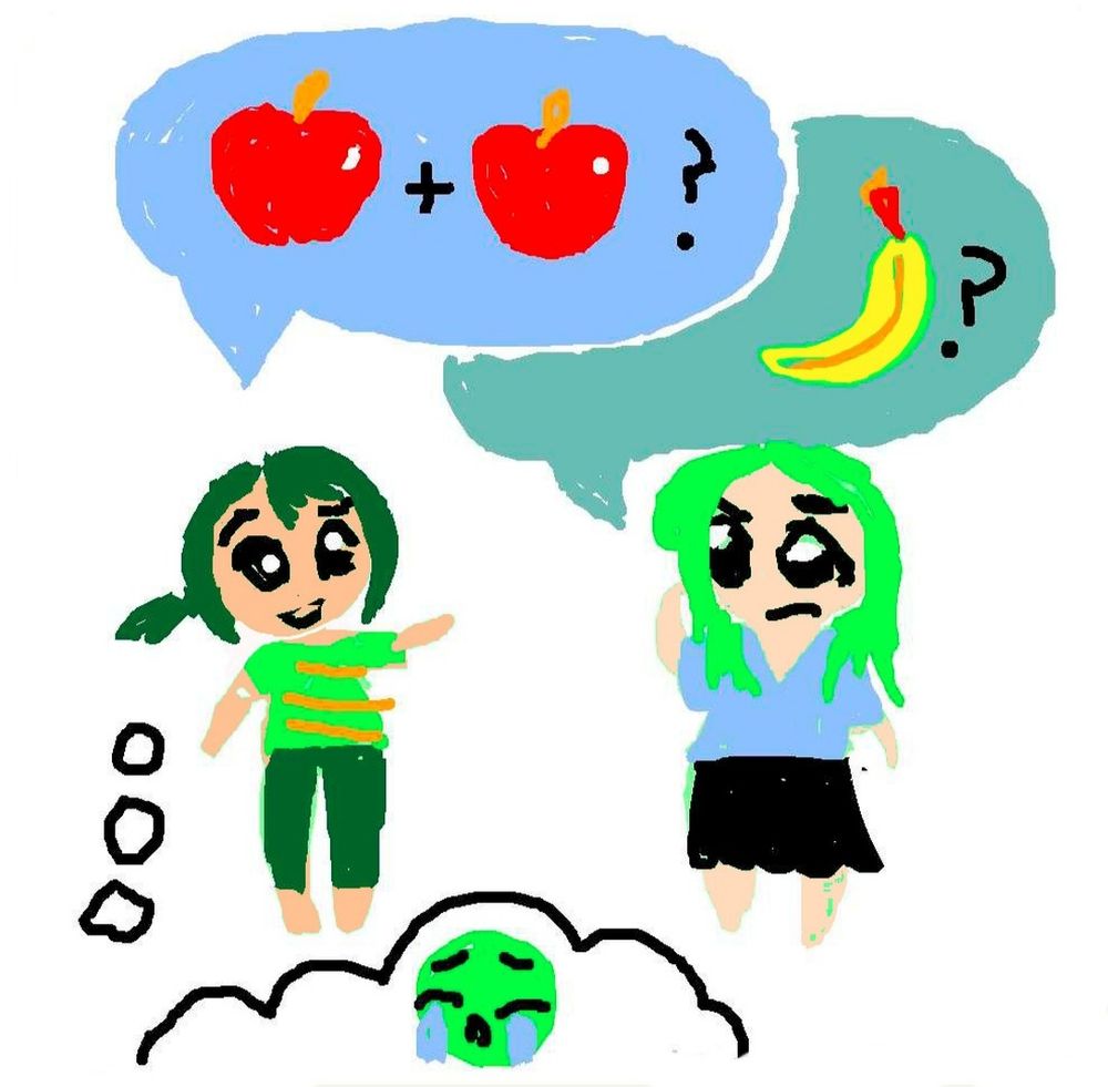 Doodle of two people talking. One says "apple plus apple?" The other says "banana?" , the former is thinking to themselves "omg I'm cryin lol". Doodle is painterly rather than sketchy
