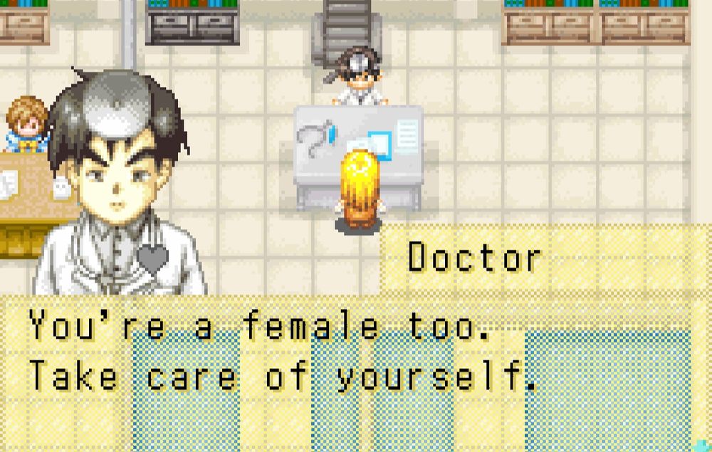 Screenshot from 'Harvest moon: more friends of mineral town' showing a misogynistic doctor referring to the main character as 'a female'