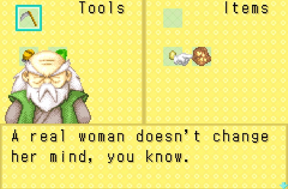 Screenshot from 'Harvest moon: more friends of mineral town' showing an old man saying 'a real woman doesn't change her mind'
