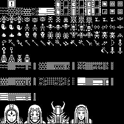 Pixel art for an unreleased game. The bottom of the screen shows four characters ('classes') you can play. The rest of the sprite sheet is assets for a dungeon crawler.
