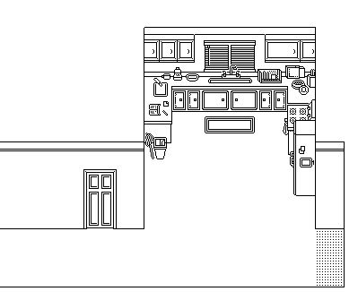 Environment art of a house's kitchen. The style is minimalist pixel art, the entire image is in black and white, sans gradients.