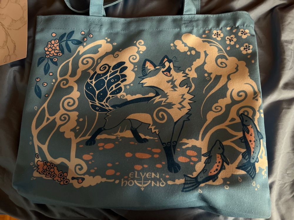 A tote bag bought at the Elvenhound booth at the convention.