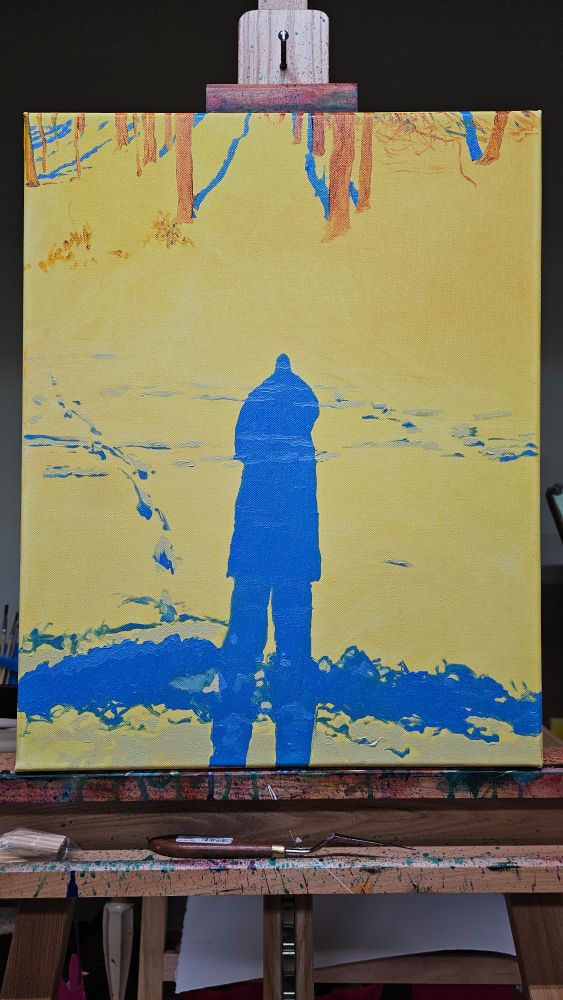 An oil painting of a blue shadow falling across the snow, from first person perspective  