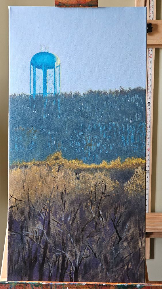 An oil painting of a water tower standing over a bare forest.
