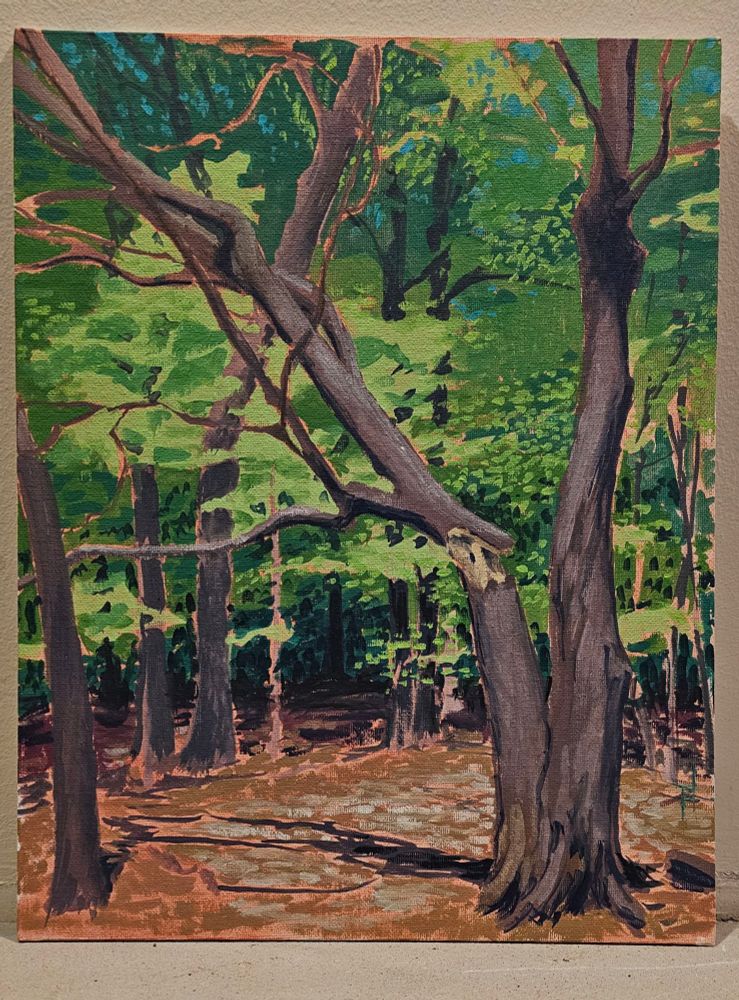 A plein air oil painting - a loose sketch of a broken oak tree at the edge of a forest.
