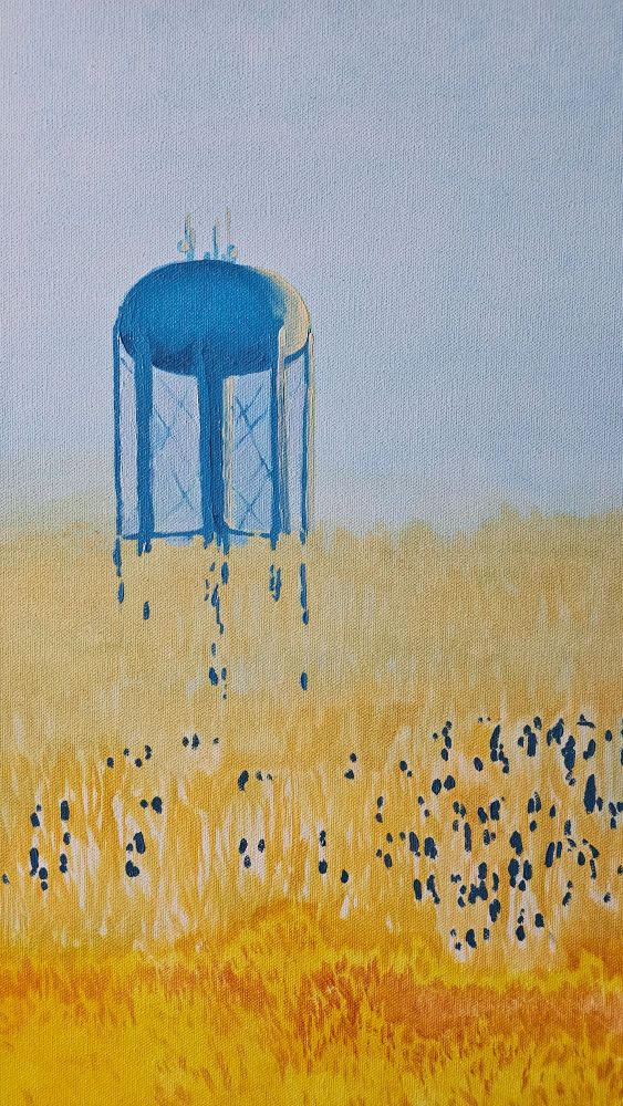 A half-finished oil painting of a water tower perched on a snowy hillside.