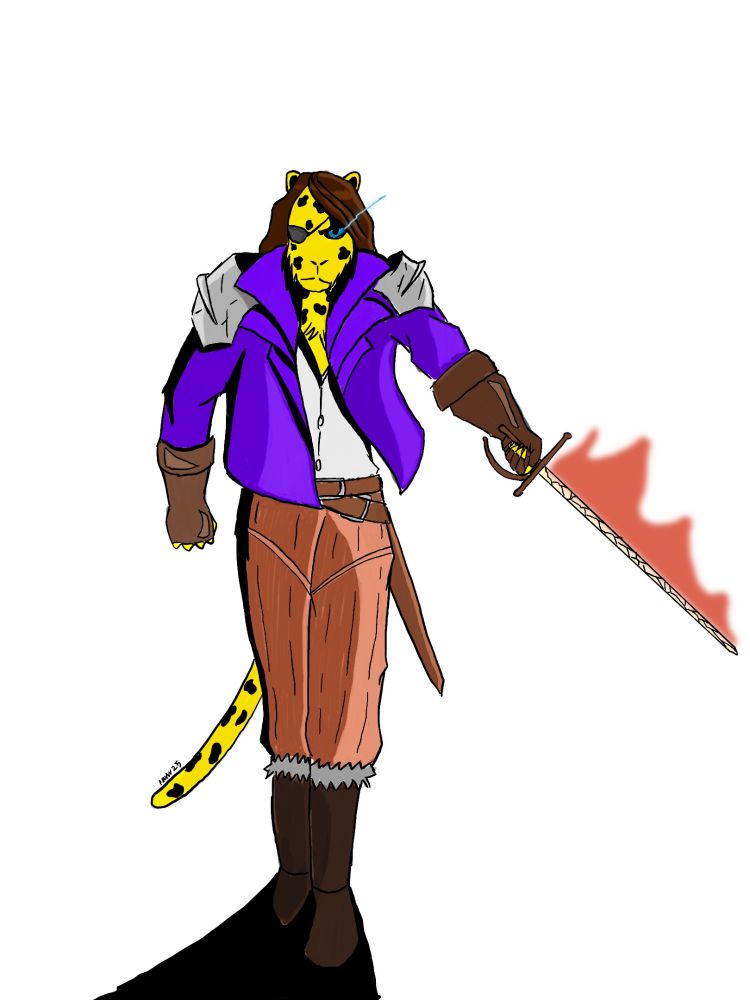 A tabaxi fighter holding a steaming rapier.