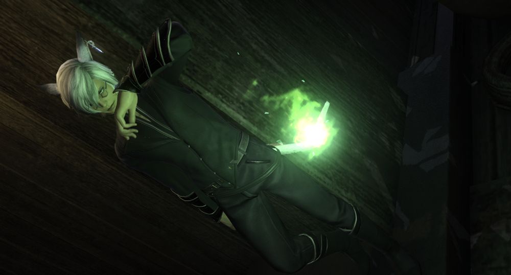 This user's old man miqo'te wol with a green wisp in the foreground, Wood paneling in the background