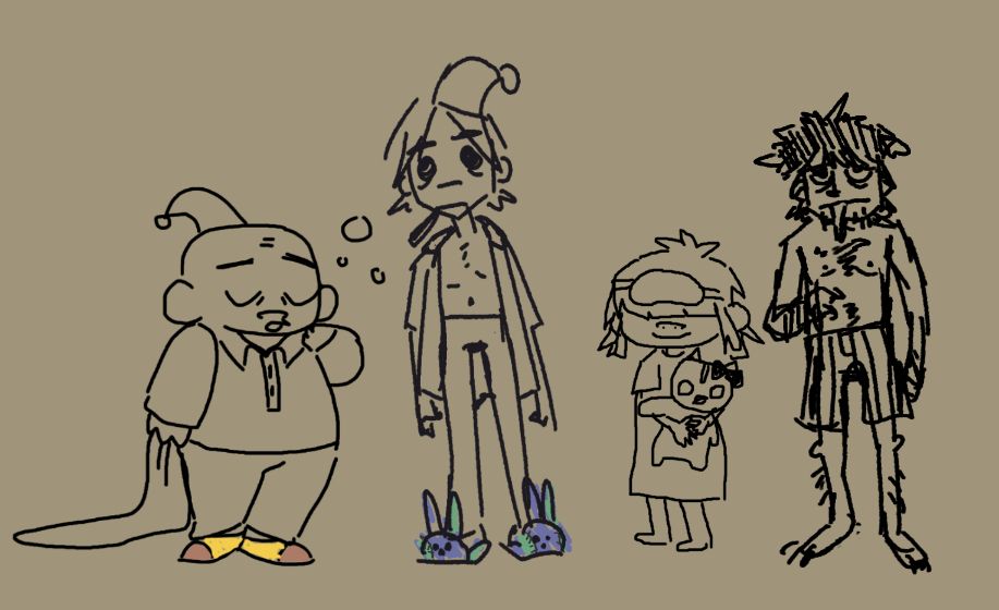 sleepy time rus (by @dallerus.bsky.social), 2D (by me), noodle (by @blushingbats.bsky.social), and stinky guy (by me)