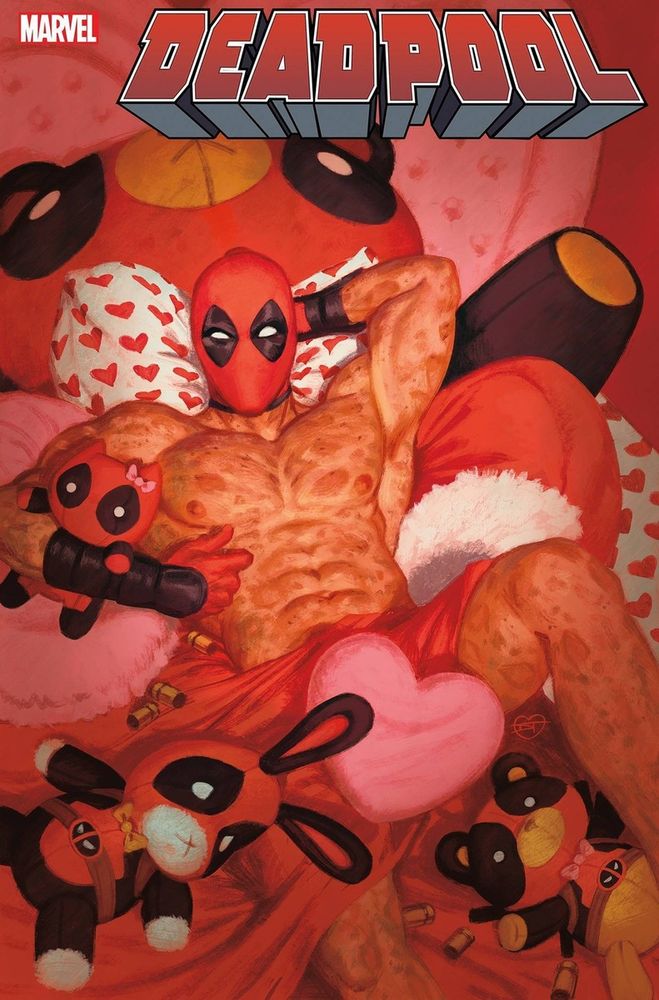 Naked Deadpool lying back on a pile of soft toys, wearing his signature mask, a red sheet and pink heart cushion hide the "goods" 😏😍