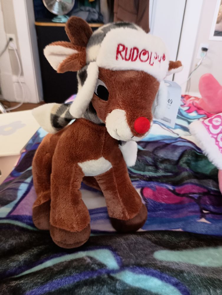 A photo of a Rudolph the Red Nosed Reindeer plushie wearing a flannel winter hat and scarf.