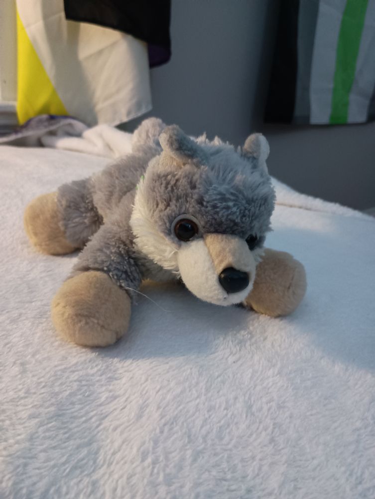 a photo of a plush Aurora brand wolf laying on a blanket. It has gray primary fur and tan secondary fur.