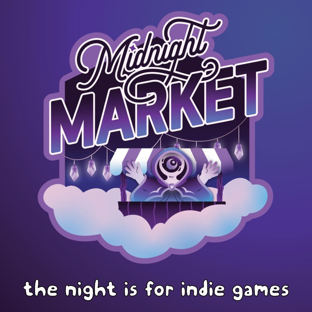 The Midnight Market logo, the text Midnight Market with a ghostly white merchant with a purple cloak and the Lunarpunk Games logo as it's face at a market stand sitting atop a cloud. Behind them are crystal lanterns.

Below is the text, "the night is for indie games" 