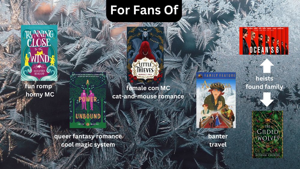 a background of frost and ice. For fans of Running Close to the Wind by Alexandra Rowland (fun romp, horny MC), A Power Unbound by Freya Marske (queer fantasy romance, cool magic system), Little Thieves by Margaret Owen (female con MC, cat-and-mouse romance), 1997 Anastasia movie (banter, travel) Ocean’s Eight movie and The Gilded Wolves by Roshani Chokshi (heists, found family).

