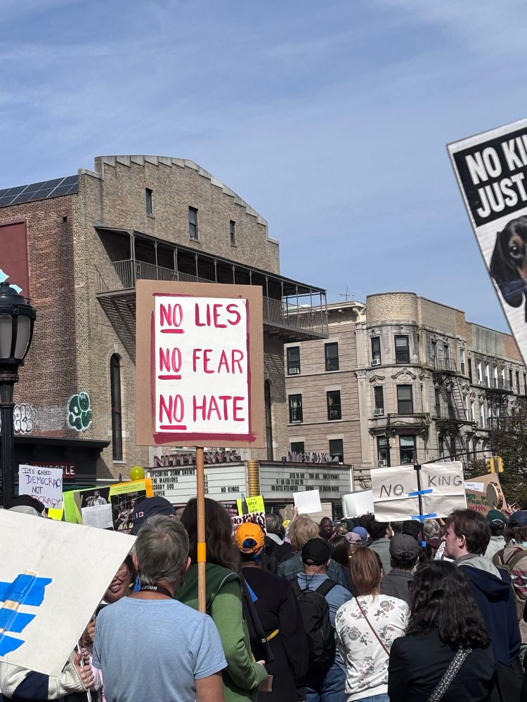 No Lies No Fear No Hate sign in crowd of protestors 