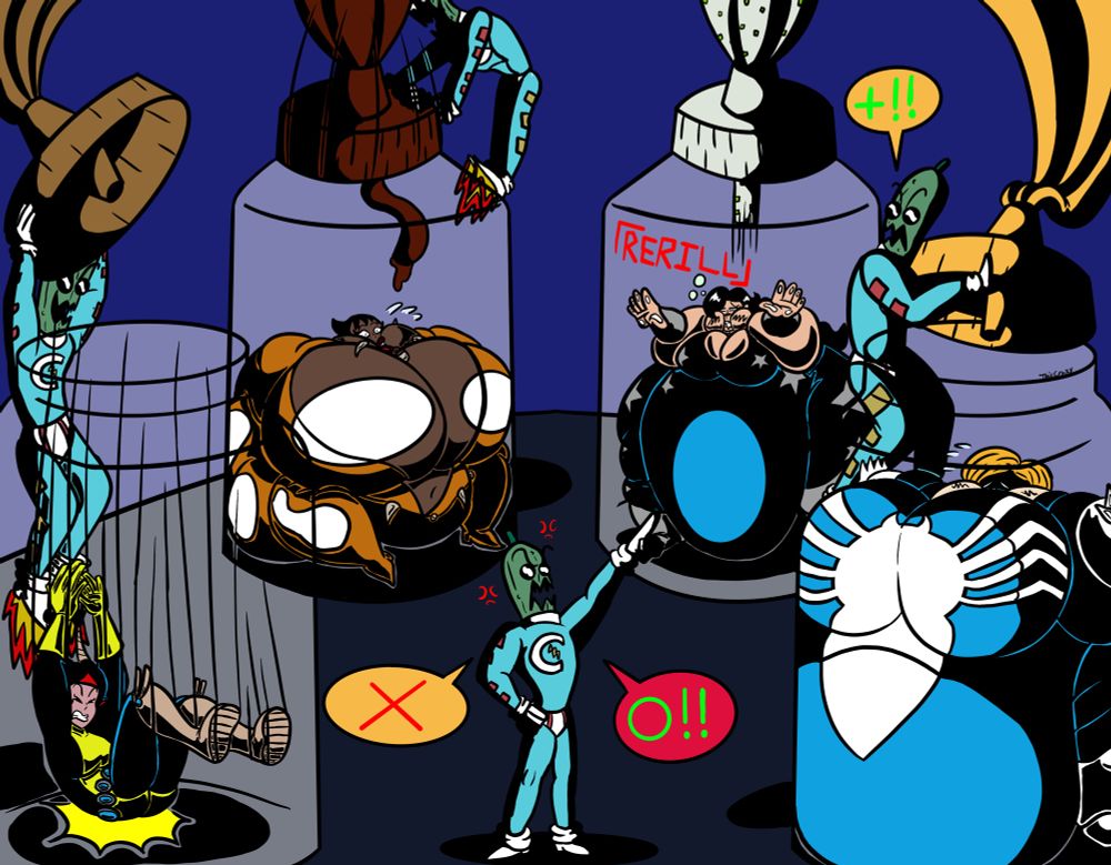 It seems like the aliens that look like Condiment king have more heroines to fatten up but with different types of condiments. A new heroine for them to fatten up is Moonstar a memebers of the new mutants and she is about to be fatten with honey mustard. Next to Moonstar is Vixen but she’s been here for quite a while and they have finished refilling her feeding tube with bbq sauce. Lucky Donna Troy feeding tube of ranch dressing is out but so is she. Last is Julia Carpenter aka the spiderwoman and she has been filled up by mustard since the Condiment Men’s question why she is still skinny even though she has been fed a lot of mustard. One of the Condiment men tells the other to giving spiderwoman ketchup instead of mustard. Why aren’t the Condiment men not allowed to used the mustard, what are they planning to use it for?