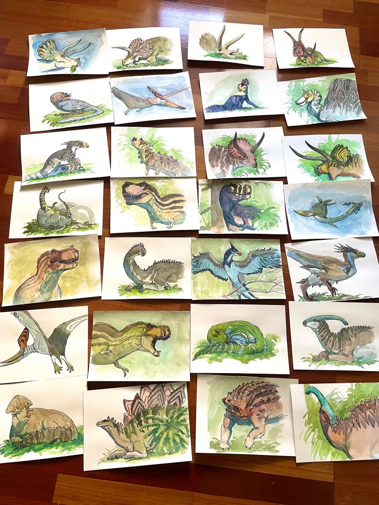 Various watercolor paintings of different dinosaur and Mesozoic animals.