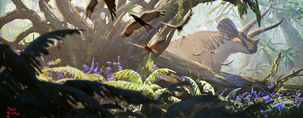Low angle painting of a triceratops in a forest clearing.