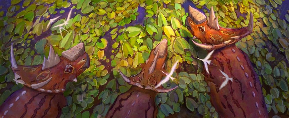 Downward shot of three Pachyrhinosaurus walking away from the viewer’s perspective.
