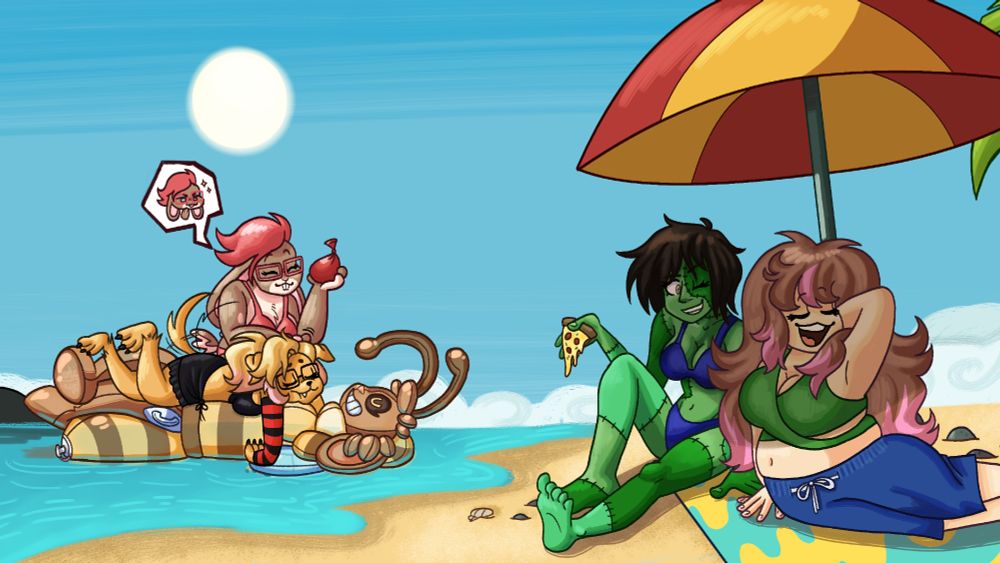 A digital drawing depicting five women-- an anthropomorphic dog, two anthropomorphic rabbits (one being half-bee), a zombie, and a human-- enjoying a day at the beach together.
