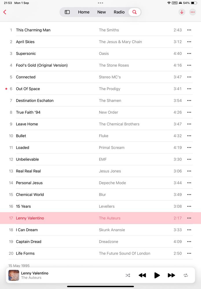 A 20 song album track list of mid 1990s indie and britpop with a few other oddities.