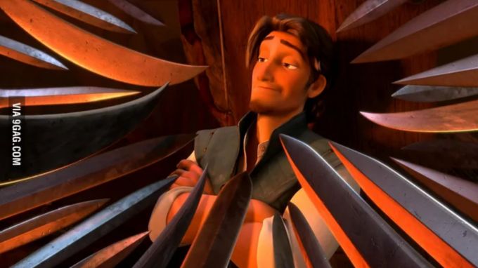 Flynn from the Disney animation “Tangled” stands nonchalantly with his arms crossed, while surrounded by swords pointed at him.