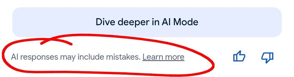 A screenshot from Google search showing the phrase "AI responses may include mistakes."