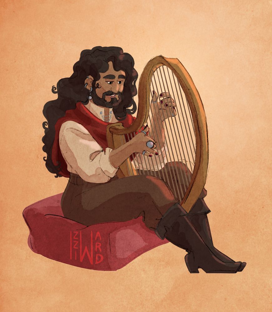 a coloured illustration of a light-skinned brown man with long, curly, dark brown hair and a neatly trimmed beard, sitting on a pink cushion playing a harp. He is wearing a white shirt with rolled back sleeves, high waisted brown trousers, a red scarf and dark brown, high-heeled boots. He has several silver earrings and rings, pink nails, and a slight smile.
