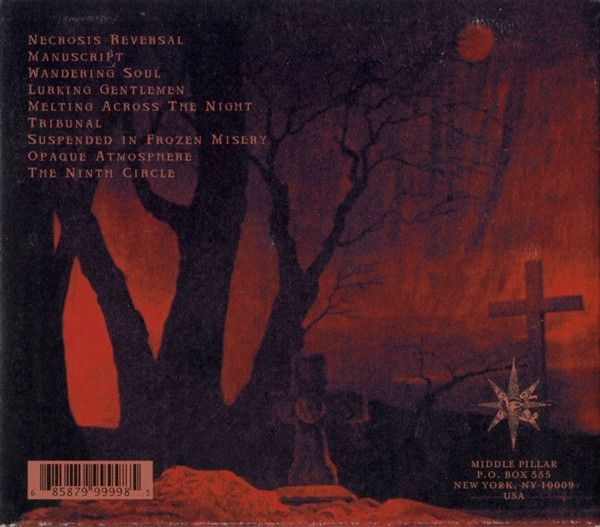The back of the album "While you Sleep" by A Murder of Angels. 

The back of the album is also blood red and it takes place in a cemetery or graveyard. At least two grave markers sit in front of barren trees.

1. Necrosis Reversal 6:23
2. Manuscript 7:51
3. Wandering Soul	 8:33
4. Lurking Gentlemen 6:41
5. Melting Across The Night 7:06
6. Tribunal 8:00
7	. Suspended In Frozen Misery 7:34
8. Opaque Atmosphere 6:20
9. The Ninth Circle 4:22