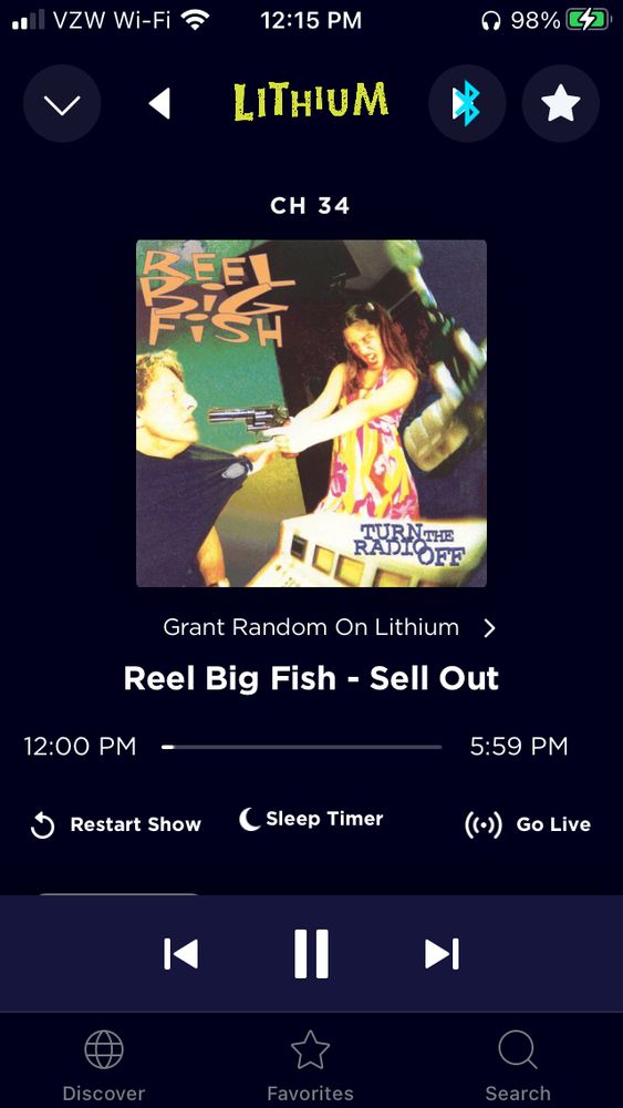Picture of Reel Big Fish’s “Sell Out” playing on SiriusXM’s Lithium channel