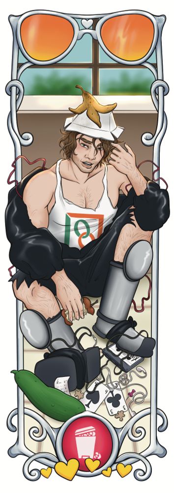 Date Everything fanart of Cam, where he sits in front of the window surrounded by trash. The art is framed ornately with the dateviators, his dialog icon and the 5 yellow hearts from the game's logo.