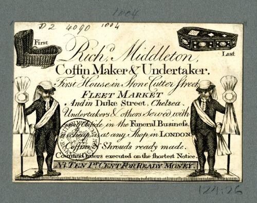 A trade card for Richard Middleton featuring a black coffin and undertakers.