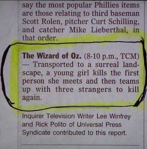 A newspaper clipping that reads: "The Wizard of Oz. Transported to a surreal landscape, a young girl kills the first person she meets and then teams up with three strangers to kill again." 