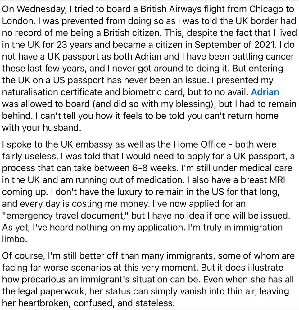 A screenshot explaining that Lindsey was prevented from flying back to the UK despite being a citizen and having all the legal paperwork. 