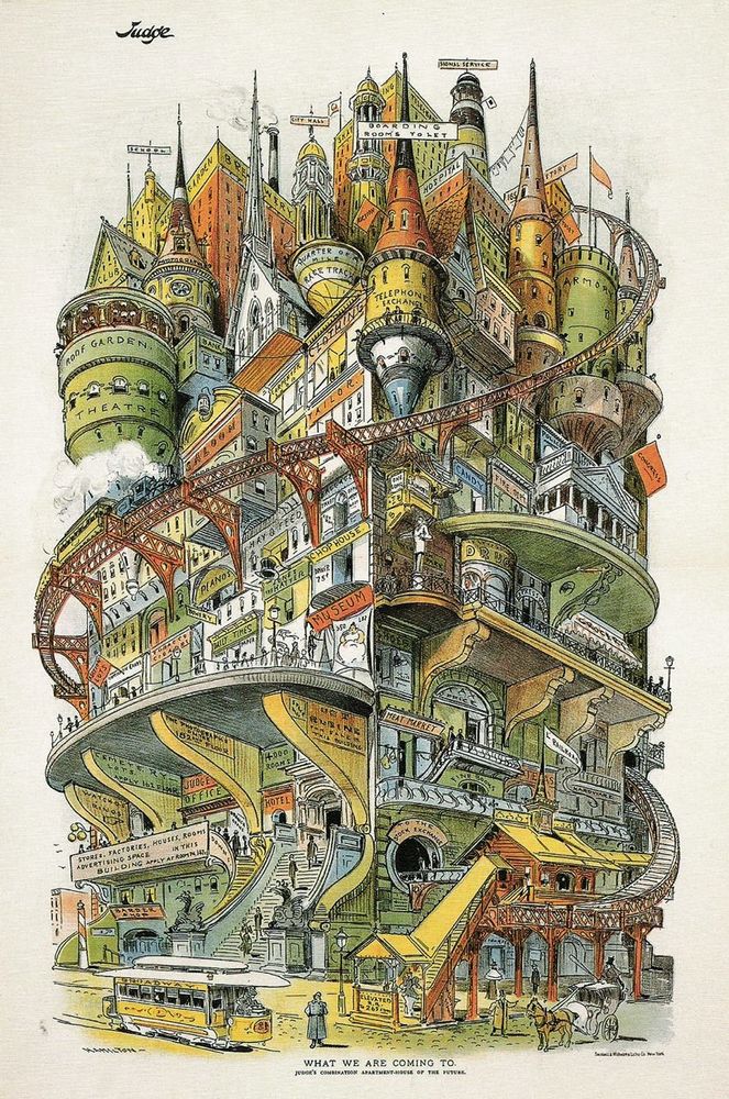An illustration showing a futuristic city build high, building atop building, with railroad tracks winding around it. 