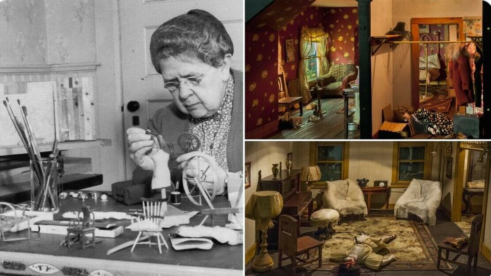 A compilation of photos of various crime scene dioramas that Frances Glessner Lee created.