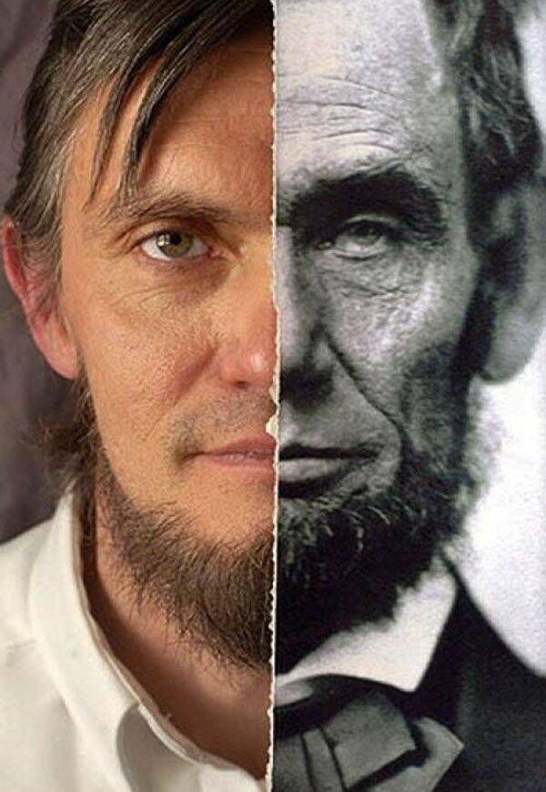 On the left is a colored photo of Ralph Lincoln and on the right is a black and white photo of Abraham Lincoln. There are striking similarities between the two men. 