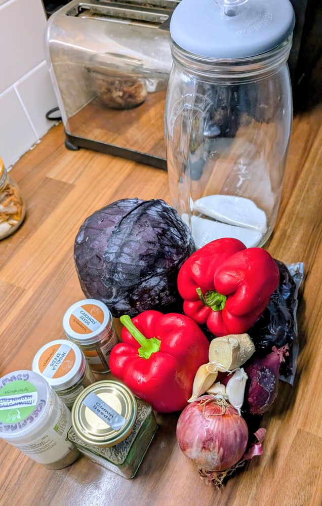 Ingredients for fermenting, red cabbage, beetroot, red peppers, pink and red onion, ginger, garlic, rosemary, caraway, cumin, nigella.