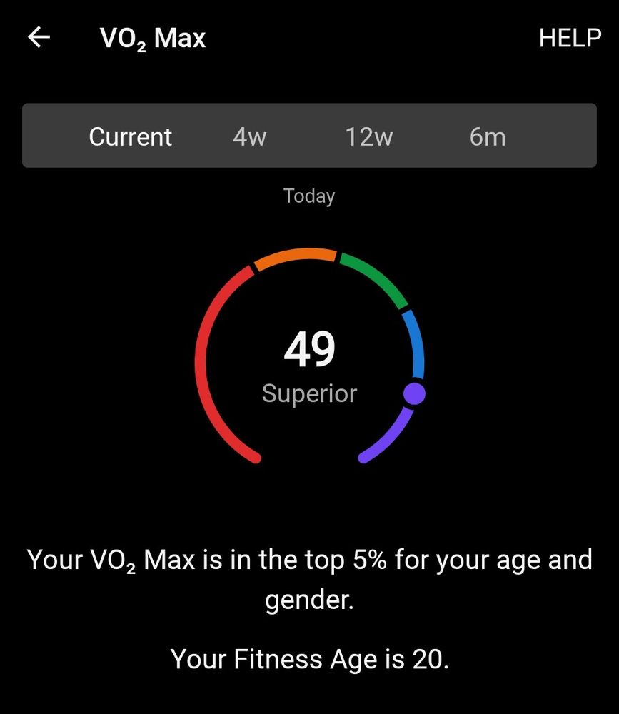 Screenshot from Garmin running watch app showing an estimated VO2 max score of 49.