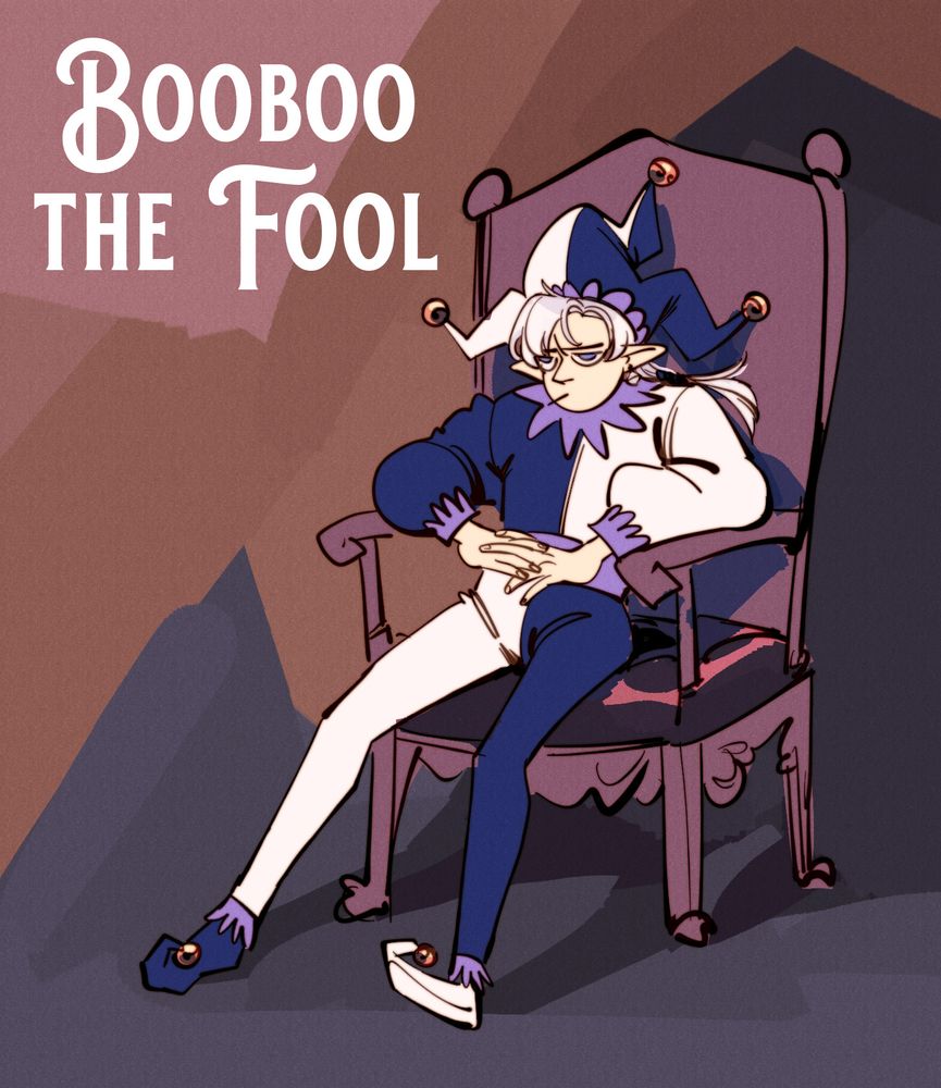 FFXIV mad lad Alphinaud in full jester costume with the words "Booboo the Fool" superimposed.