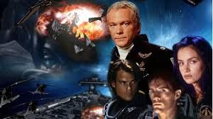 Cast of Space: Above and Beyond, with a spaceship exploding in the background