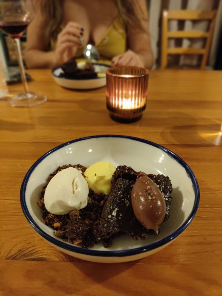 Chocolate, passion fruit and vanilla and honey ice cream with chocolate cake