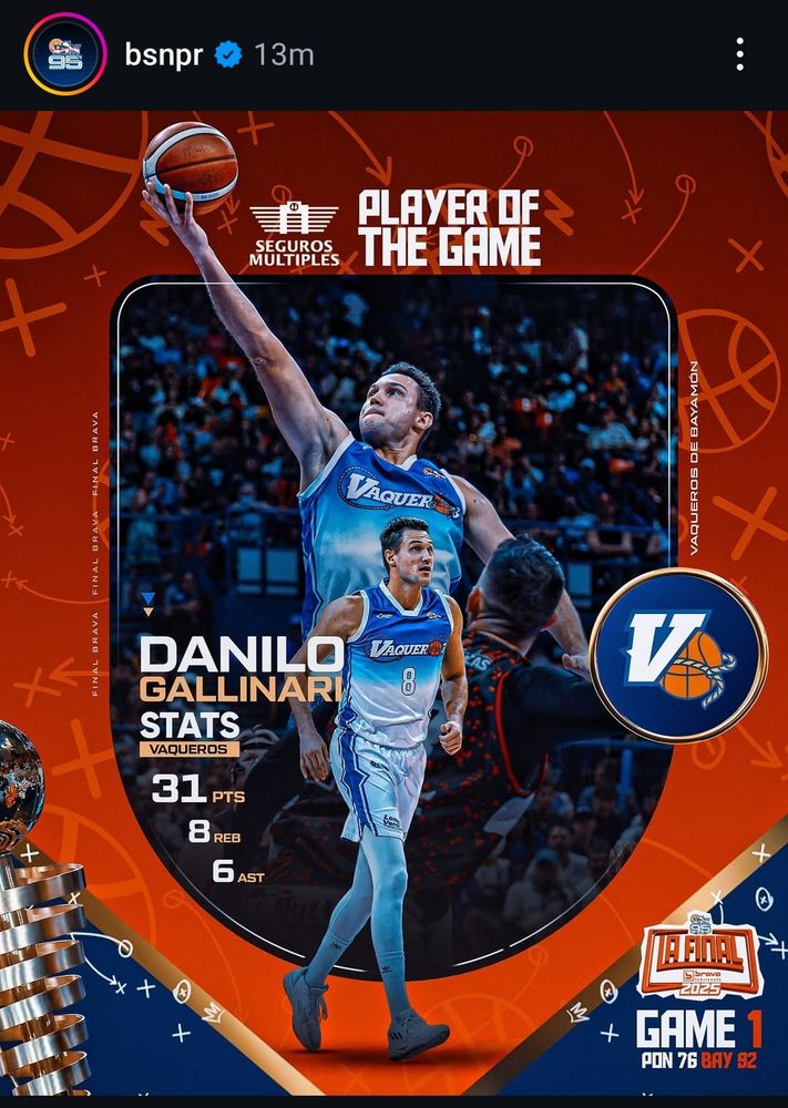 Danilo Gallinari player of the game in the BSN Puerto Rico league finals for the Bayamon Vaqueros with 31 points over the Ponce Leones.