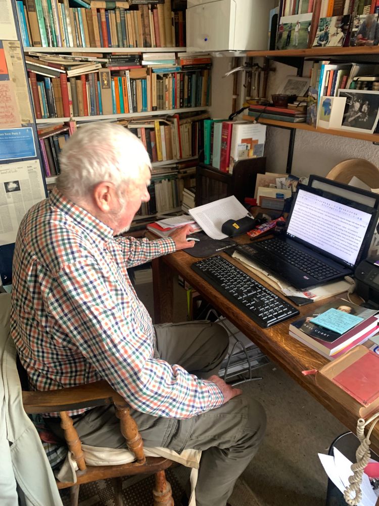 A fairly recent photo of the late John Lucas, my friend & literary hero, showing that, on occasion, as the London Grip demonstrates, he used a computer in his study, albeit a very old, utterly outdated one (here, two).
