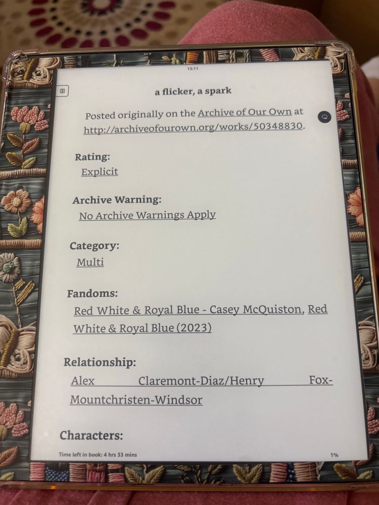 Kindle scribe displaying the first page of a downloaded fanfic from A03 titled A Flicker and a Spark