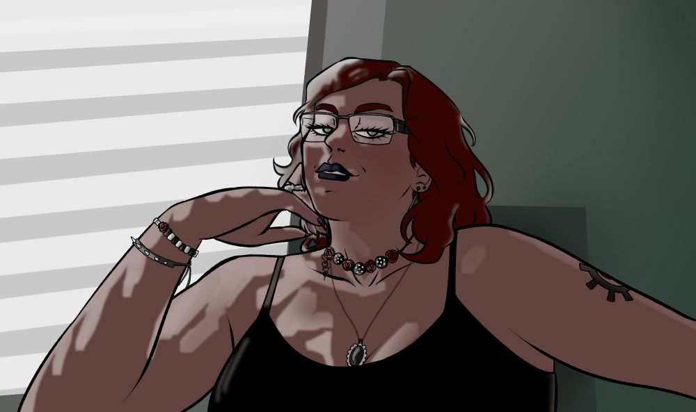 Digital bust painting of a brunette woman with glasses, a black top, and rose-themed jewelry. She's illuminated by the window blinds behind her letting light in. 
