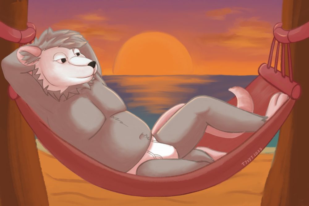 Anthro opossum lounging in a hammock on the beach at sunset, clad only in tighty whities 